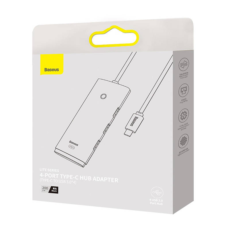 Hub 4u1 Baseus Lite Series USB-C na 4x USB 3.0 + USB-C, 2m (crni)