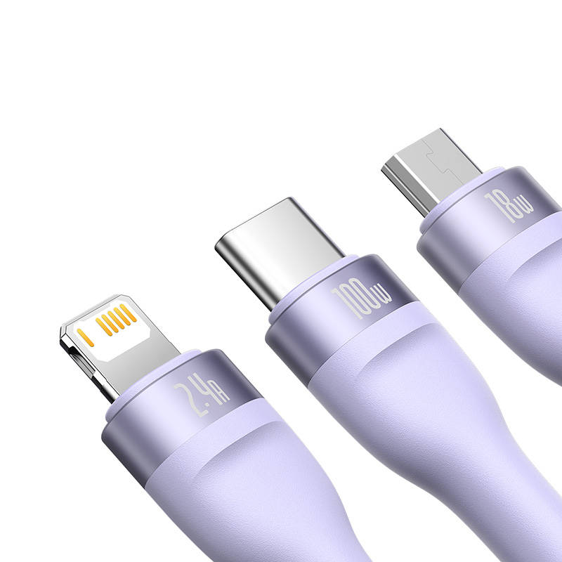 3u1 USB kabel Baseus Flash Series, USB-C + micro USB + Lightning, 100 W, 1,2 m (ljubičasti)