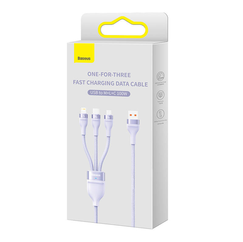 3u1 USB kabel Baseus Flash Series, USB-C + micro USB + Lightning, 100 W, 1,2 m (ljubičasti)