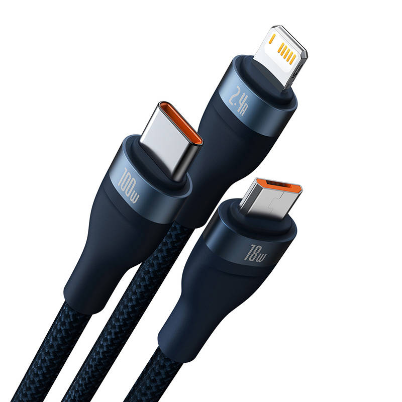 3u1 USB kabel Baseus Flash Series, USB-C + micro USB + Lightning, 100 W, 1,2 m (plavi)