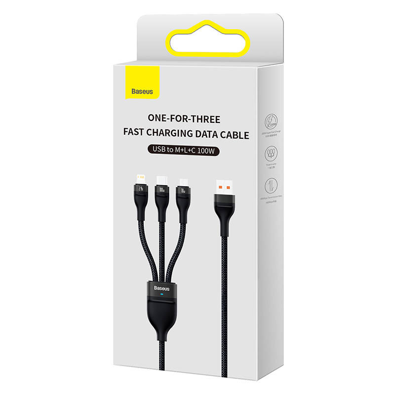 3u1 USB kabel Baseus Flash Series, USB-C + micro USB + Lightning, 100W, 1.2m (crni)