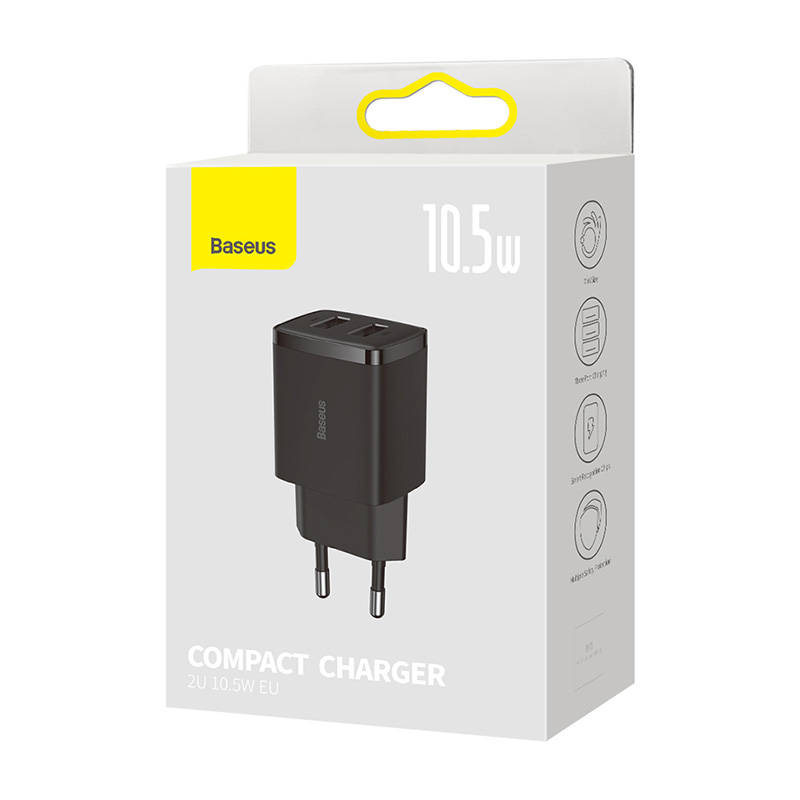 Kompaktni brzi punjač Baseus, 2x USB, 10,5 W (crni)