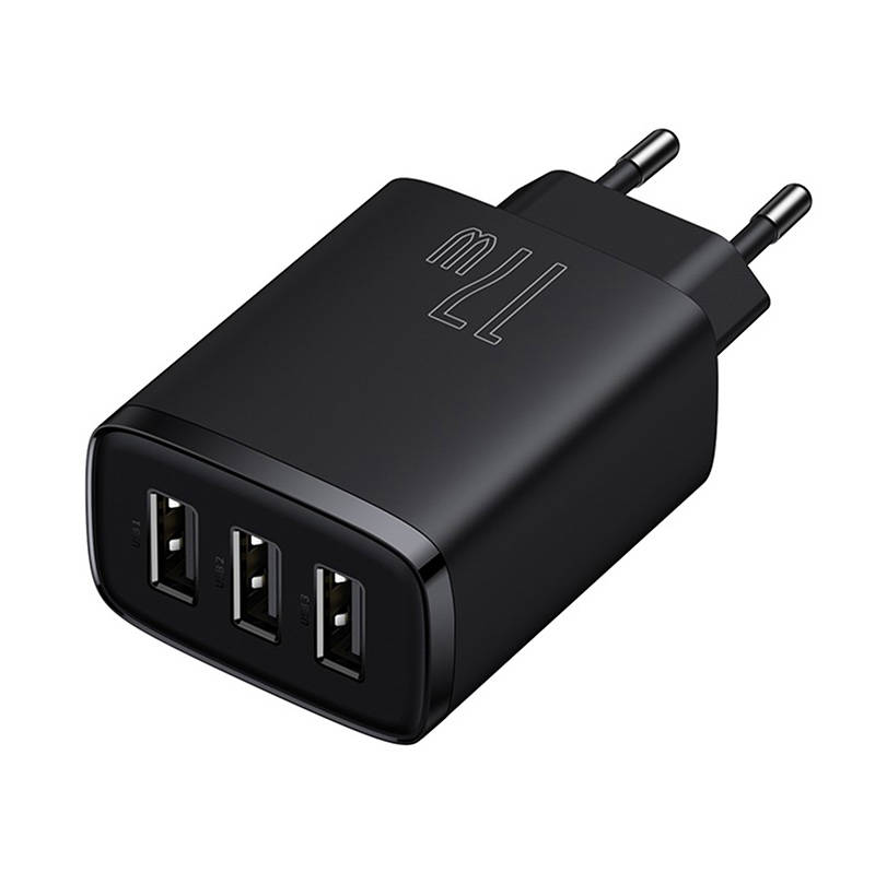 Kompaktni brzi punjač Baseus, 3x USB, 17W (crni)