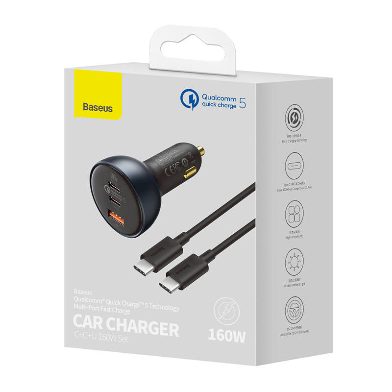 Auto punjač Baseus Qualcomm, USB, 2x USB-C, 160W (sivo)