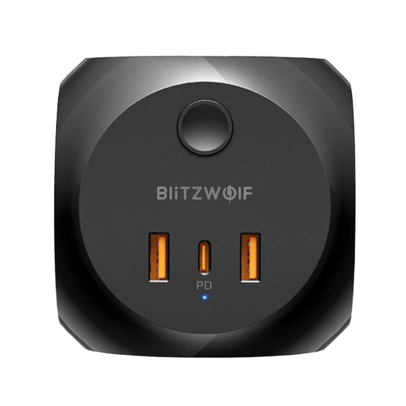 Punjač Blitzwolf s 3 AC utičnice, BW-PC1, 2x USB, 1x USB-C (crni)