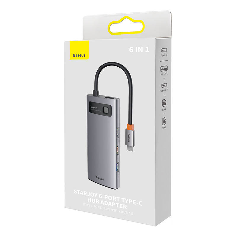 Hub 6in1 Baseus Metal Gleam Series, USB-C do 3x USB 3.0 + USB-C PD + microSD/SD