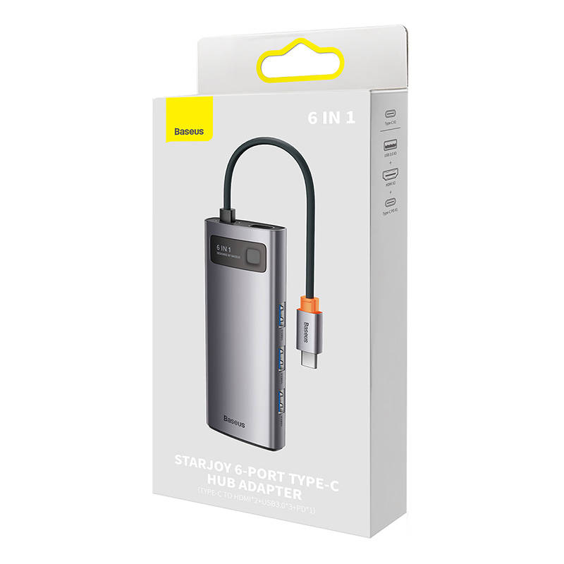 Hub 6u1 Baseus Metal Gleam serija, USB-C do 3x USB 3.0 + 2x HDMI + USB-C PD