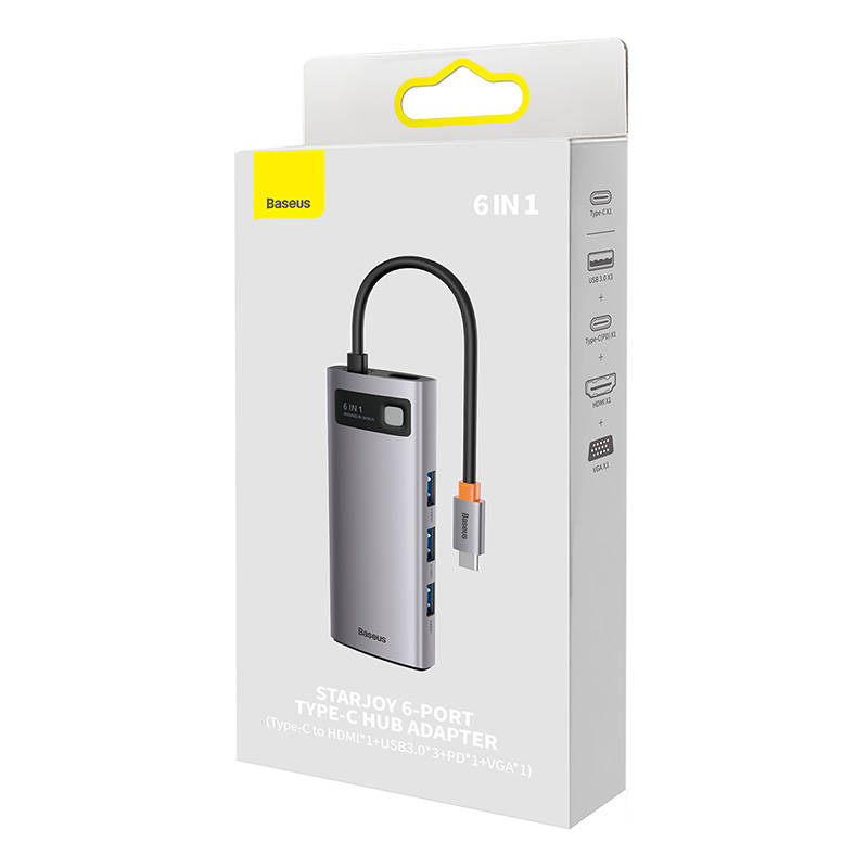 Hub 6u1 Baseus Metal Gleam Series, USB-C do 3x USB 3.0 + HDMI + USB-C PD + VGA