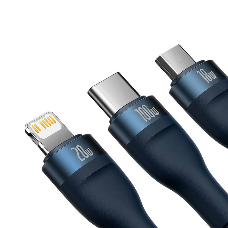 3u1 USB kabel Baseus Flash Series 2, USB-C + micro USB + Lightning, 100W, 1.5m (plavi)