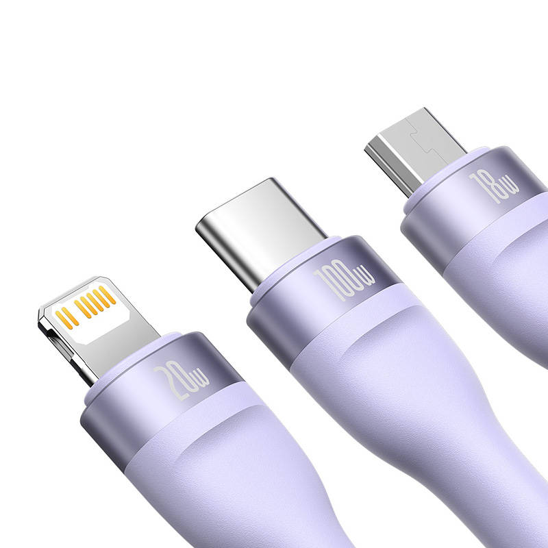 3u1 USB kabel Baseus Flash Series 2, USB-C + micro USB + Lightning, 100 W, 1,2 m (ljubičasti)