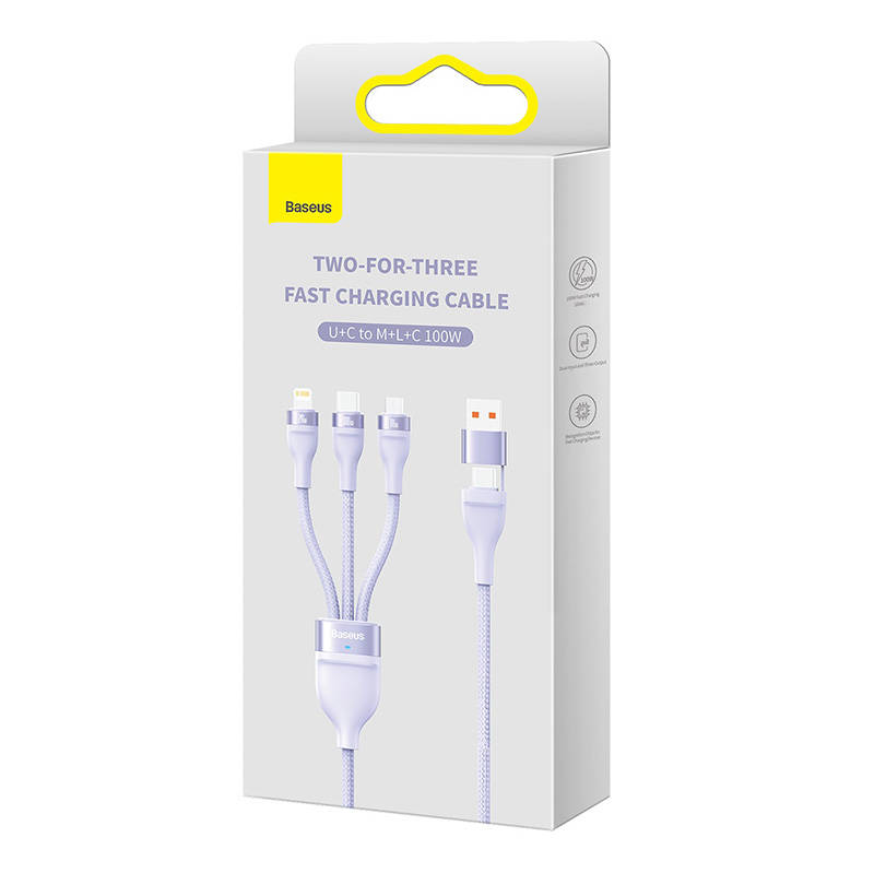 3u1 USB kabel Baseus Flash Series 2, USB-C + micro USB + Lightning, 100 W, 1,2 m (ljubičasti)