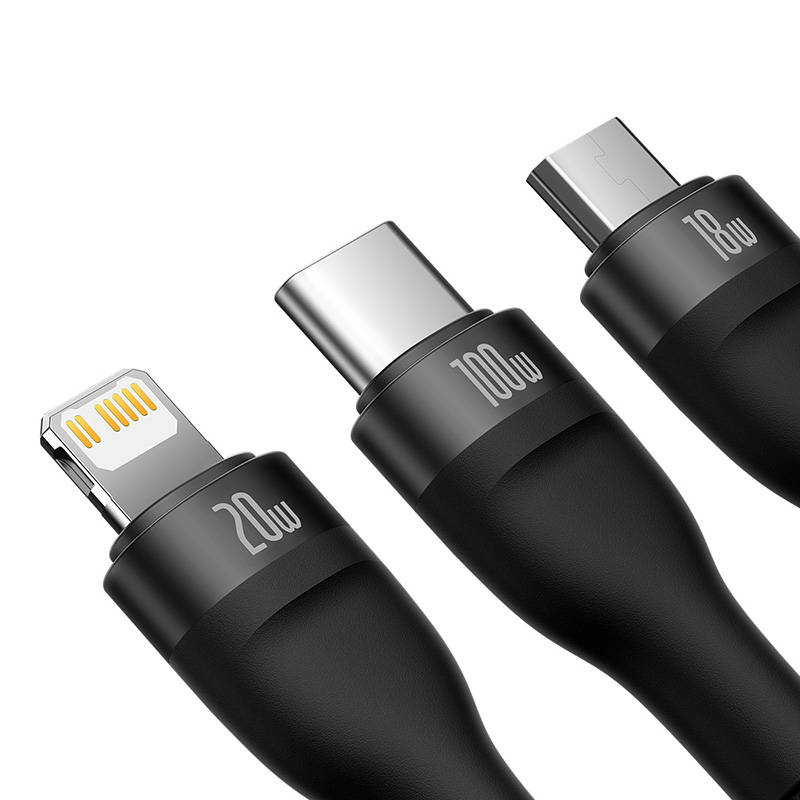 3u1 USB kabel Baseus Flash Series 2, USB-C + micro USB + Lightning, 100W, 1.5m (crni)