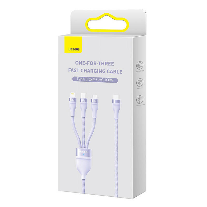 3u1 USB kabel Baseus Flash Series 2, USB-C + micro USB + Lightning, 100W, 1.5m (ljubičasti)