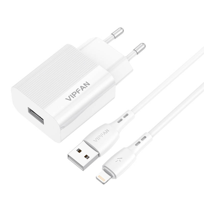 Mrežni punjač Vipfan E01, 1x USB, 2.4A + Lightning kabel (bijeli)