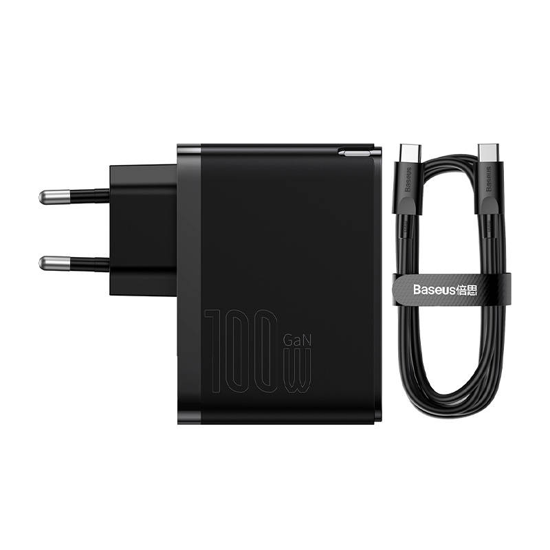 Zidni punjač Baseus GaN USB-C + USB, 100W + 1m kabel (crni)