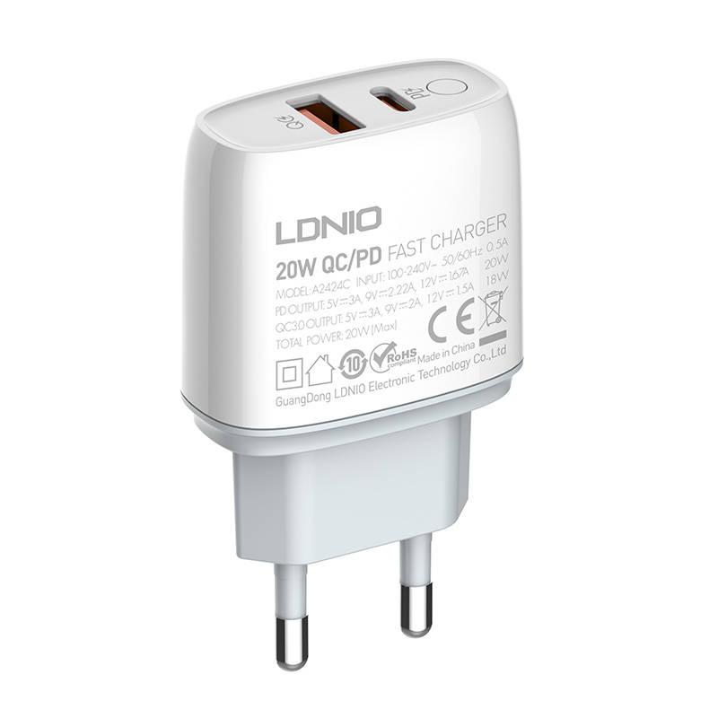 Zidni punjač LDNIO A2424C, USB + USB-C, PD + QC 3.0, 20W (bijeli)