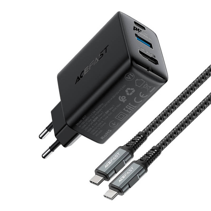 Zidni punjač Acefast A17, 65W GaN + kabel USB-C (crni)