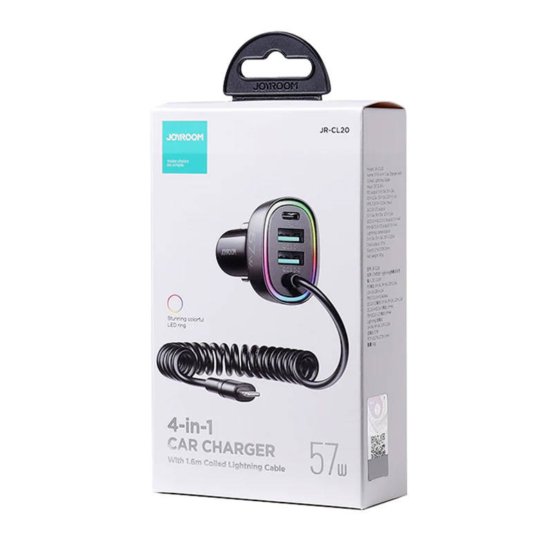 Auto punjač Joyroom JR-CL20, 2x USB + 2x Lightning, 57W + Lightning kabel (crni)