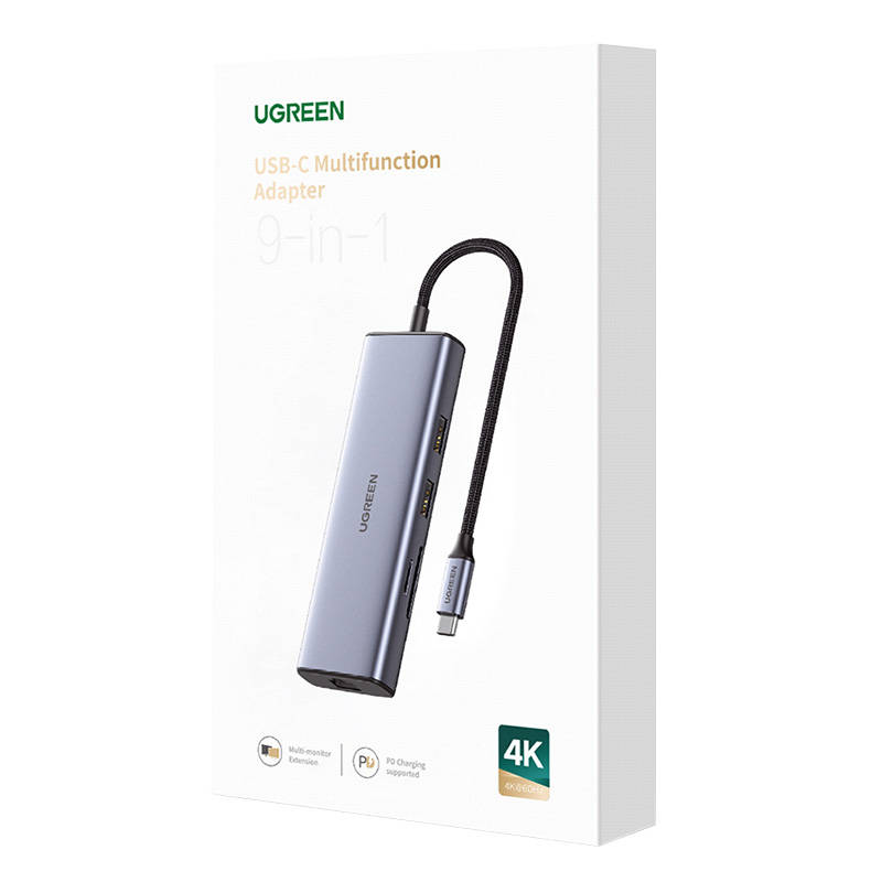 Adapter UGREEN 9-u-1 CM490 Hub USB-C, 2x USB-A 3.0, USB-A 2.0, 2x HDMI 4K/60Hz, SD/TF, RJ45