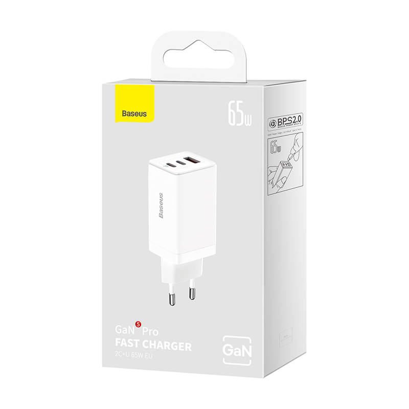 Zidni punjač Baseus GaN5 Pro 2xUSB-C + USB, 65W (bijeli)