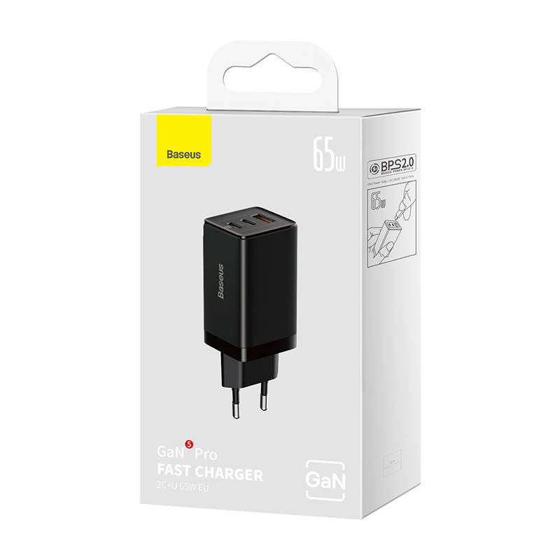 Zidni punjač Baseus GaN5 Pro 2xUSB-C + USB, 65W (crni)