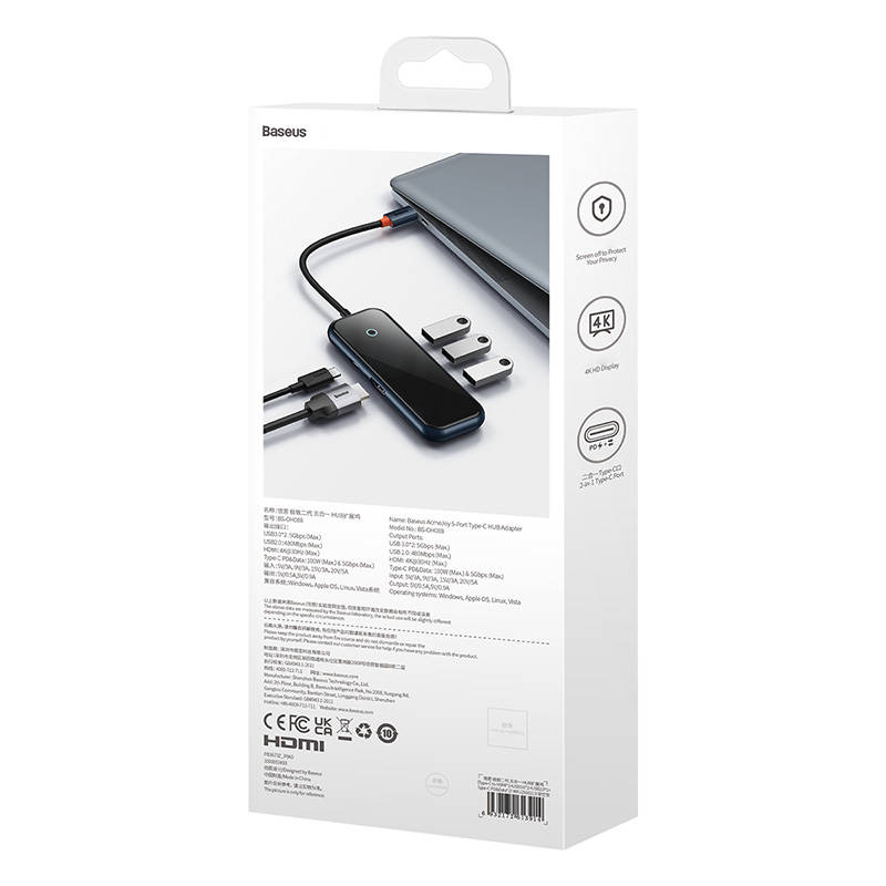 Hub 5u1 Baseus AcmeJoy serija USB-C na 2xUSB 3.0 + USB 2.0 + USB-C PD + HDMI (tamno sivi)