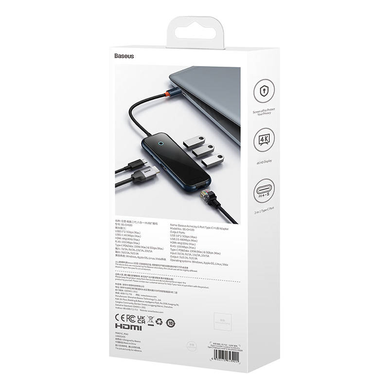 Hub 6u1 Baseus AcmeJoy serija USB-C na 2xUSB 3.0 + USB 2.0 + USB-C PD + HDMI + RJ45 (tamno sivi)