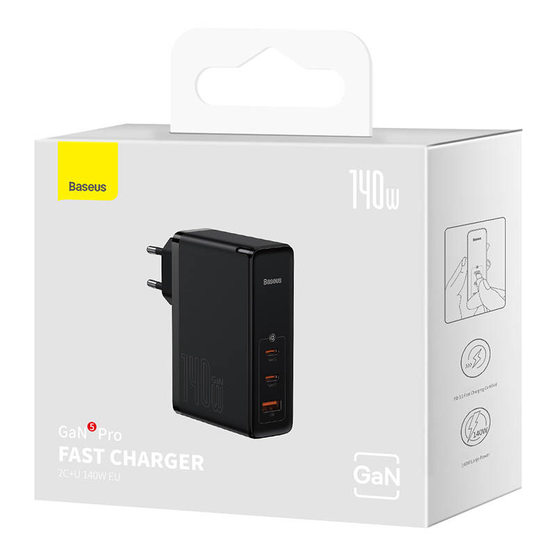 Zidni punjač Baseus GaN5 Pro 2xUSB-C + USB, 140W (crni)