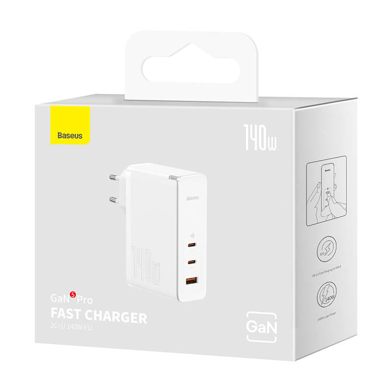 Zidni punjač Baseus GaN5 Pro 2xUSB-C + USB, 140W (bijeli)