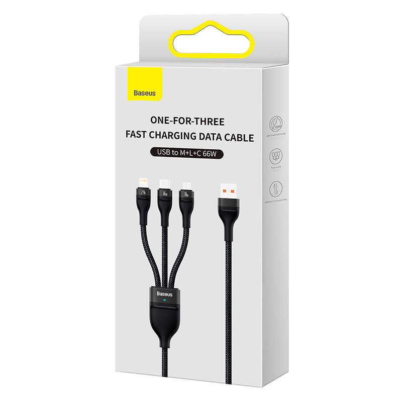 3u1 USB kabel Baseus Flash II Series, USB-C + micro USB + Lightning, 66W, 1,2 m (crni)