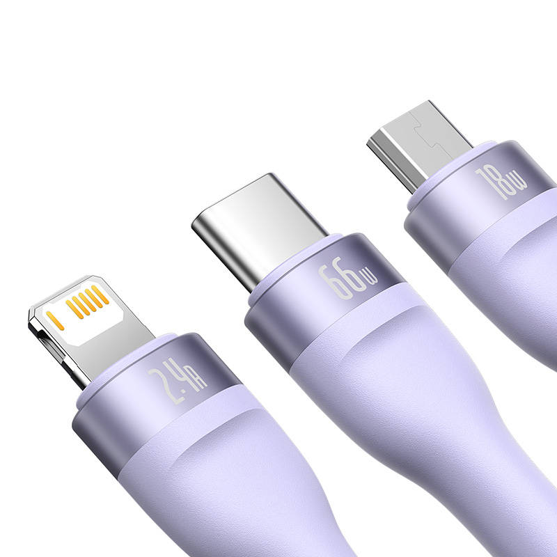 3u1 USB kabel Baseus Flash II Series, USB-C + micro USB + Lightning, 66W, 1,2 m (ljubičasta)