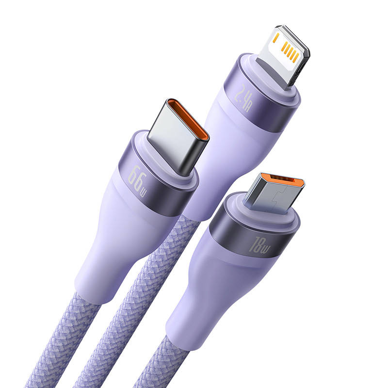 3u1 USB kabel Baseus Flash II Series, USB-C + micro USB + Lightning, 66W, 1,2 m (ljubičasta)