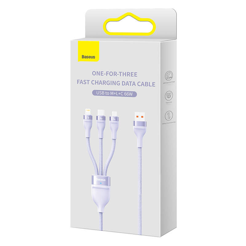 3u1 USB kabel Baseus Flash II Series, USB-C + micro USB + Lightning, 66W, 1,2 m (ljubičasta)