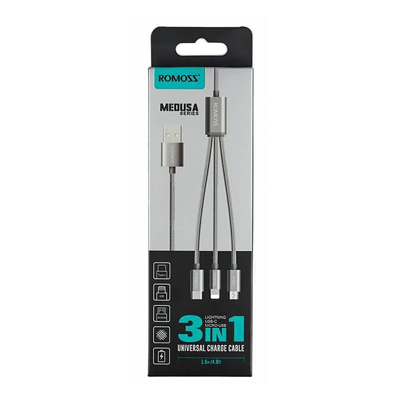 USB kabel Romoss CB25A 3u1 USB-C / Lightning / Micro 3A 1.5m (sivo)