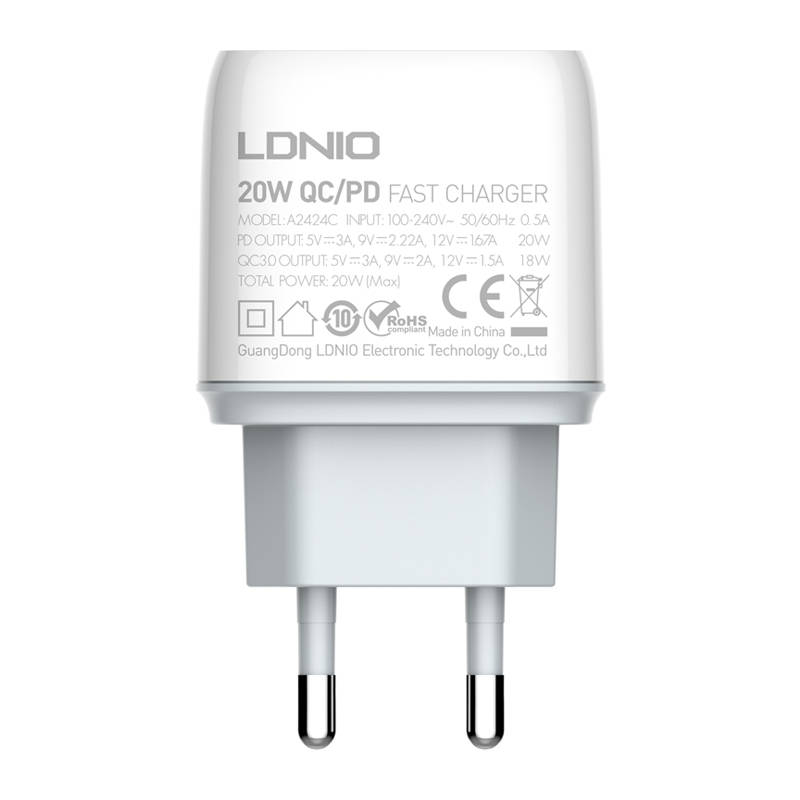 Zidni punjač LDNIO A2424C USB, USB-C 20W + USB-C - USB-C kabel