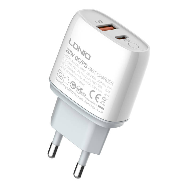 Zidni punjač LDNIO A2424C USB, USB-C 20W + USB-C - USB-C kabel