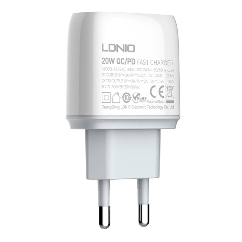 Zidni punjač LDNIO A2424C USB, USB-C 20W + USB-C - USB-C kabel