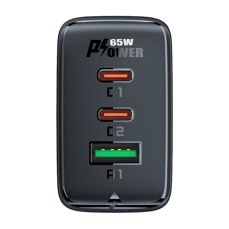 Zidni punjač Acefast A41, 2x USB-C + USB, GaN 65W (crni)