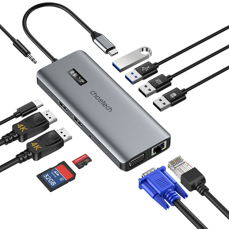 Adapter 12w1 Choetech HUB-M26 USB-C za USB-C+ USB-A+ HDMI+ VGA+ AUX+ SD+ TF (sivo)