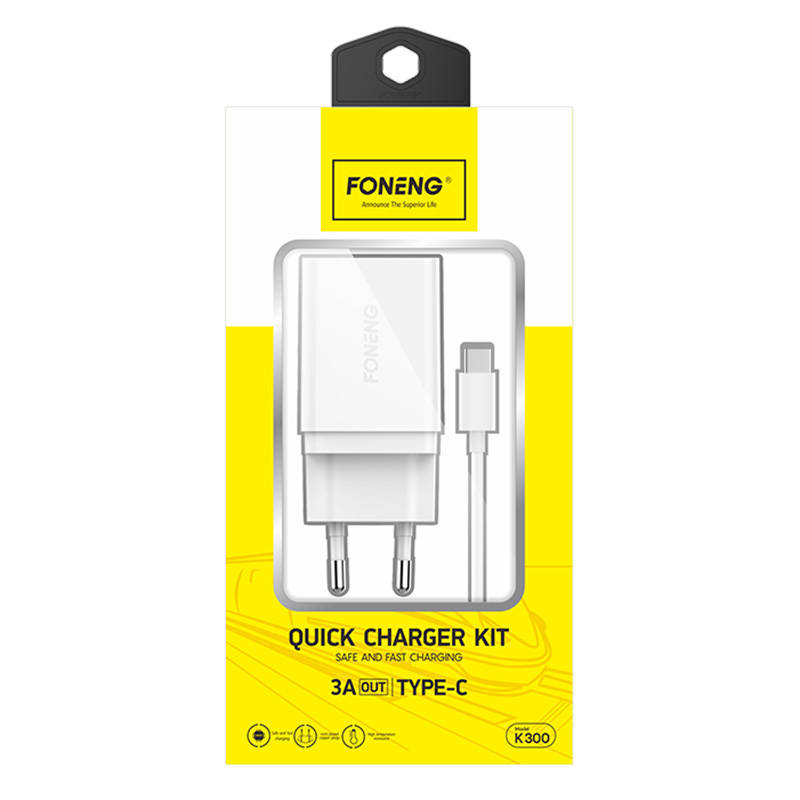 Brzi punjač Foneng 1x USB K300 + USB na USB-C kabel