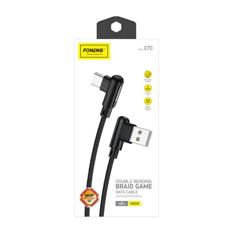 Foneng X70 kutni USB na USB-C kabel, 3A, 1m (crni)