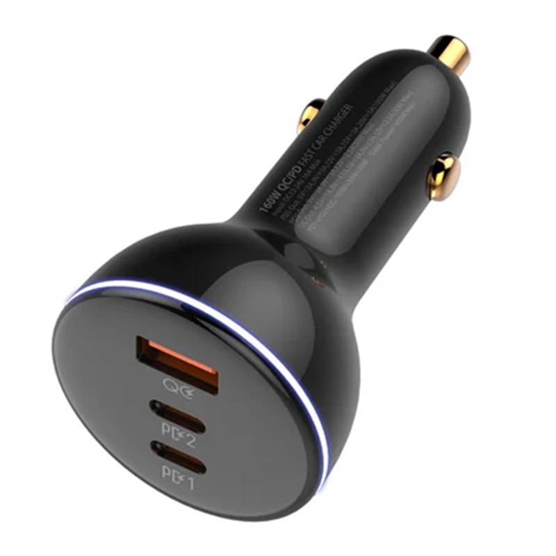 LDNIO C102 auto punjač, ​​USB + 2x USB-C, 160 W + USB na Lightning kabel (crni)