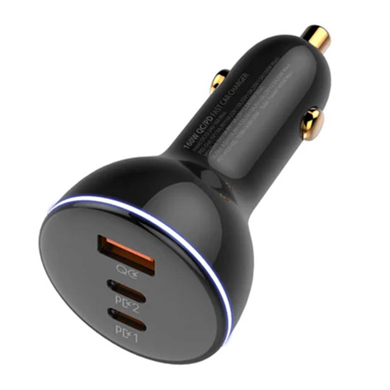 LDNIO C102 auto punjač, ​​USB + 2x USB-C, 160 W + USB-C na Lightning kabel (crni)