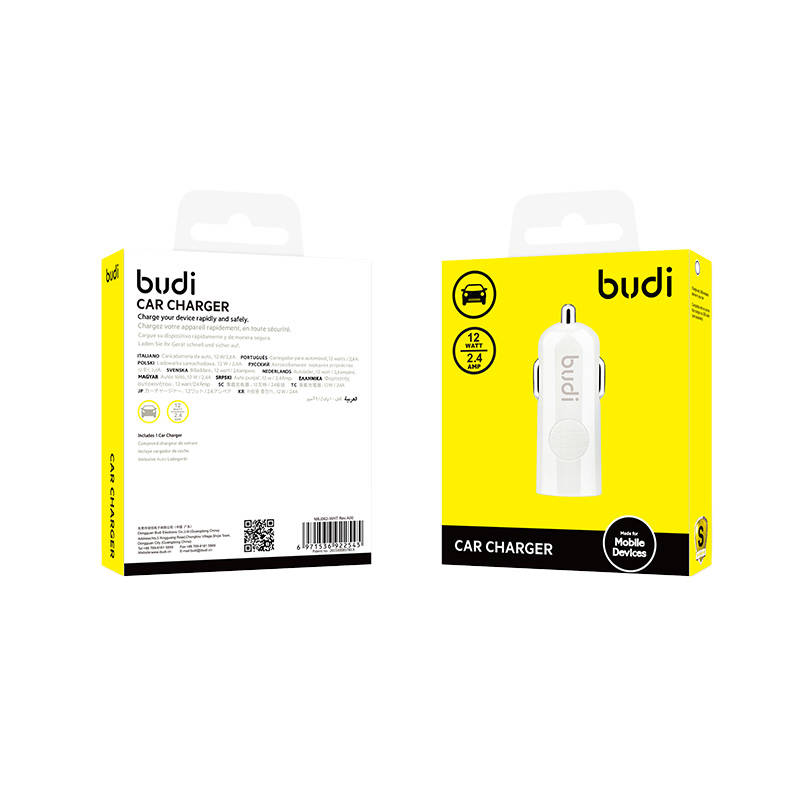 LED auto punjač Budi 1x USB, 2.4A (bijeli)