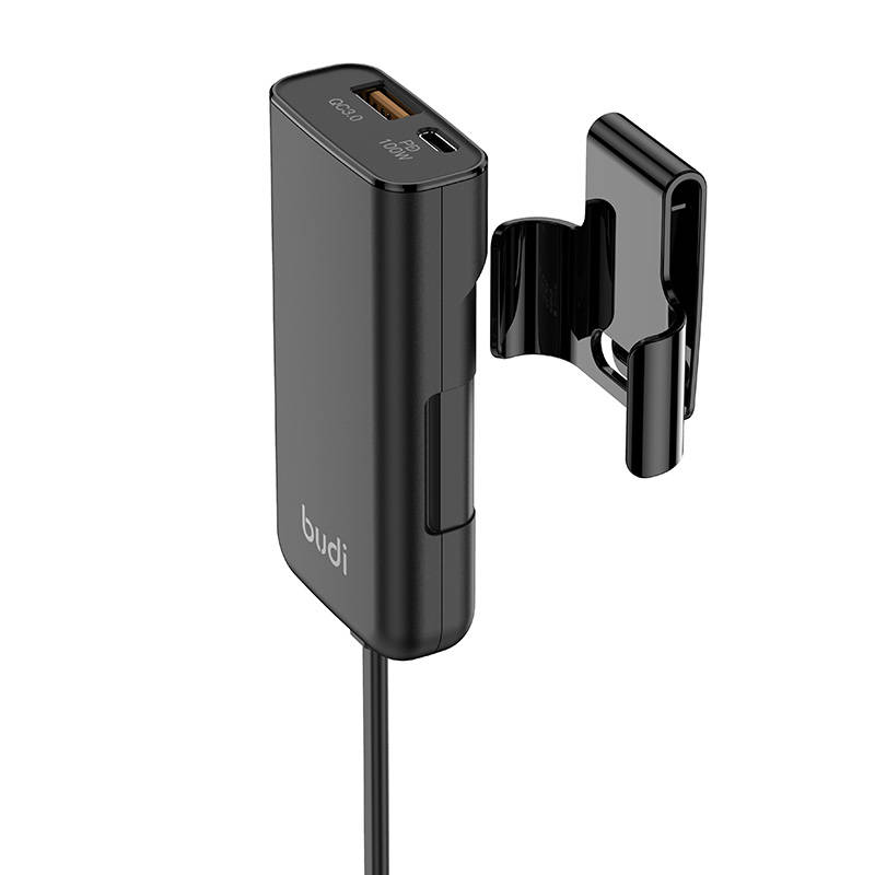 Auto punjač Budi 105W, USB + USB-C, PD + QC 3.0 (crni)