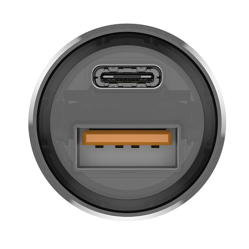 Auto punjač Budi 30W, USB + USB-C, PD + QC 3.0 (siv)