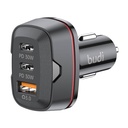 Auto punjač Budi, USB + 2x USB-C, 60W, PD + QC (crni)