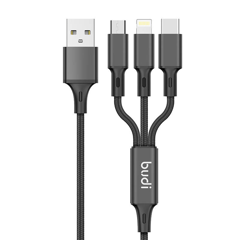 Budi auto punjač, ​​2x USB, 2.4A + 3u1 USB na USB-C / Lightning / Micro USB kabel (crni)