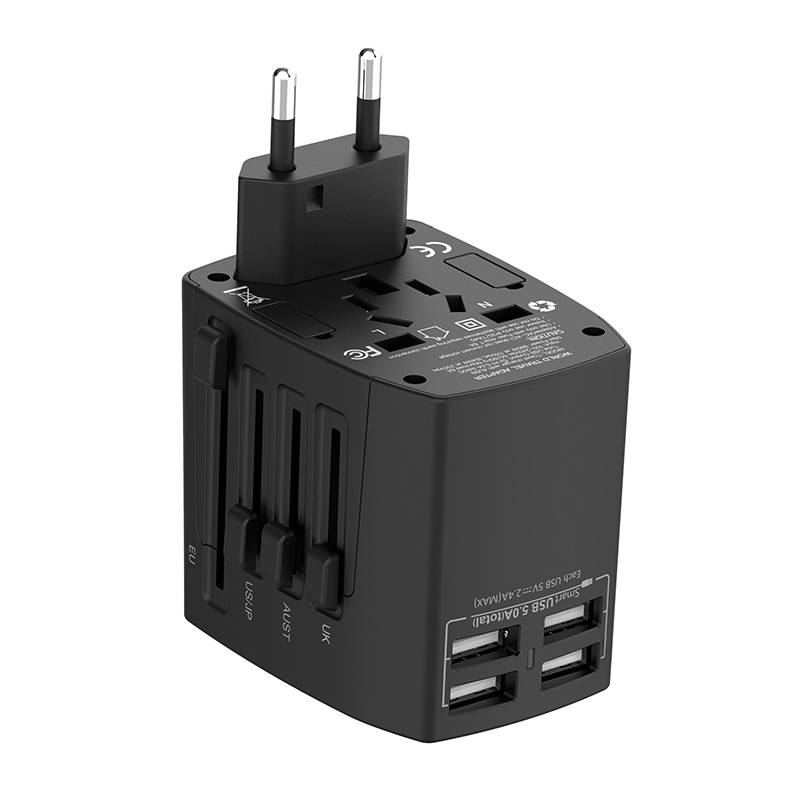 Univerzalni zidni punjač / AC adapter Budi 4x USB, 5A, EU/UK/AUS/US/JP (crni)