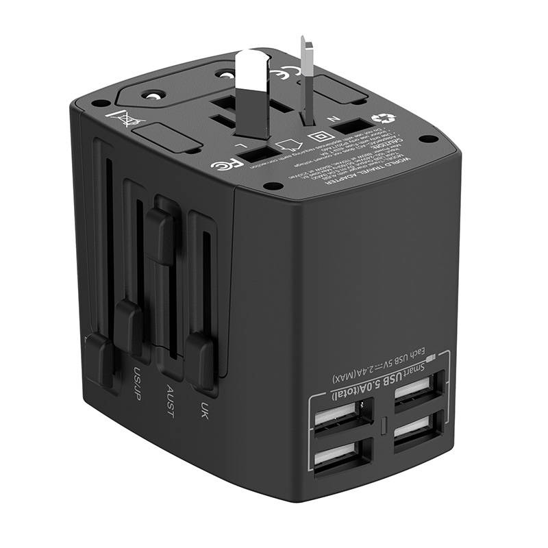 Univerzalni zidni punjač / AC adapter Budi 4x USB, 5A, EU/UK/AUS/US/JP (crni)